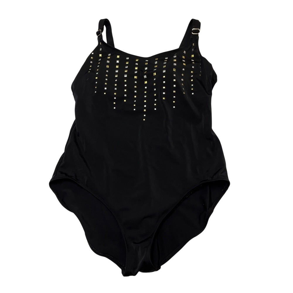 Chicos Swimsuit Black Metallic Studded One Piece 16 Padded Resort Vacation